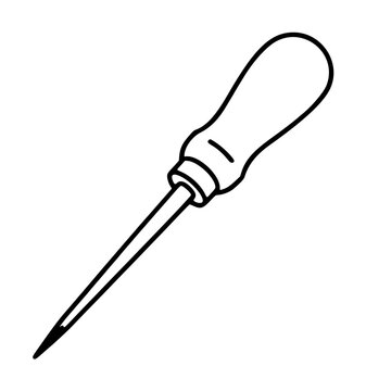 Hand-drawn awl bookbinding tool vector icon, vintage scribble style illustration of a leatherworking scratch awl with wooden handle for crafts, sewing, and bookmaking