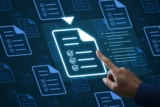 Document management system for searching legal documents and managing digital files. Businessman touching agreement file icon.