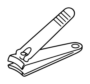 Hand-traced black and white vector icon illustration of a classic hinged nail clipper tool with grooved lever handle and spring mechanism opened at an angle, isolated on white background, perfect for