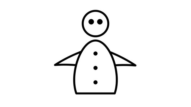 Simple line icon of a cheerful snowman featuring a round body, stick like arms, and small buttons representing the winter season and holiday cheer