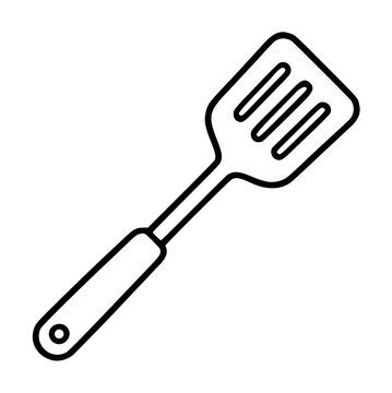 Minimalist hand-drawn kitchen spatula vector icon, simple black outline cooking utensil illustration with slotted turner head and rounded handle, perfect for recipe cards, culinary logos, and kitchen