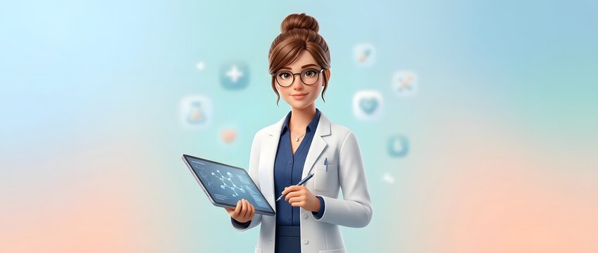 Female doctor using digital tablet with medical icons floating around her