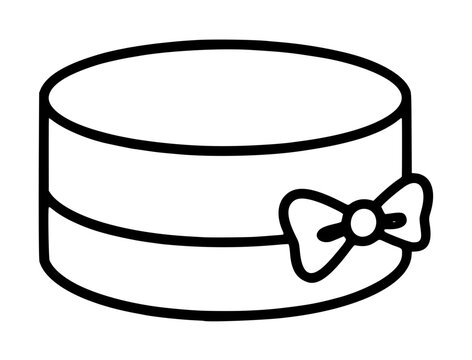 Black and white hand-drawn vector icon of a pillbox hat with a decorative bow accent, vintage fashion accessory illustration in minimalist line art style