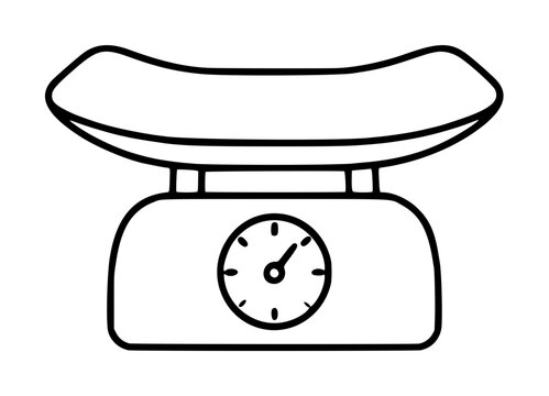 Hand-drawn vector icon illustration of a classic mechanical baby weighing scale with circular dial gauge and curved tray, minimalist black line art design for pediatric clinics