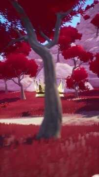 Camera Orbiting Golden Crown Floating in Red Forest Fantasy Landscape