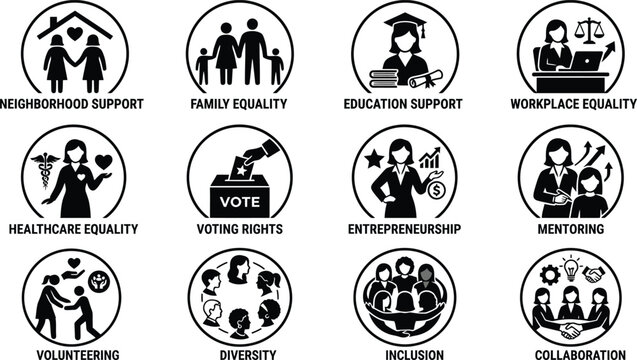 Set of black and white social equality and community support vector icons Vector