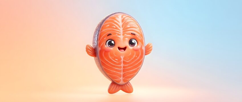 Cute cartoon fish slice character smiling on a colorful gradient background