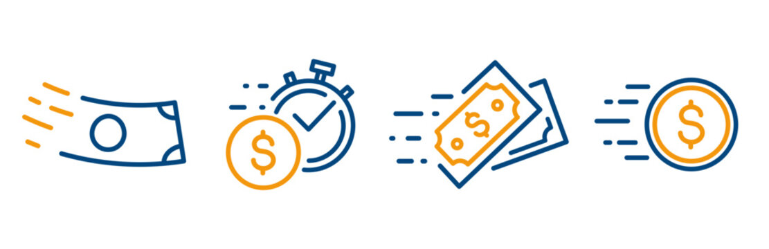 fast money, icon set, loan payment, easy instant loan, cash, stopwatch, finance outline icons vector illustration