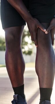 Fitness, hands or massage knee pain outdoor for muscle spasm, tissue overload or runner injury. Athlete, person or tendon discomfort at park for cardio accident, kneecap strain or patellar tendinitis