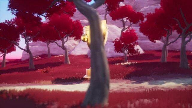 Looping Camera Rotation Around Shining Gold Championship Trophy in Fantasy Forest
