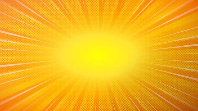 Bright yellow comic book sunburst background with halftone dots and rays for pop art design