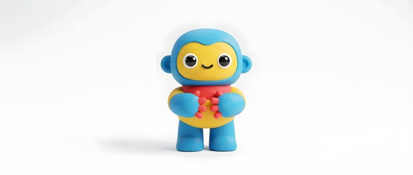 Cute cartoon blue and yellow monkey toy character isolated on white background