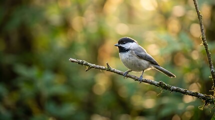 Black-capped chickadee perched on a tree branch. Small songbird resting in natural forest. © Rimon
