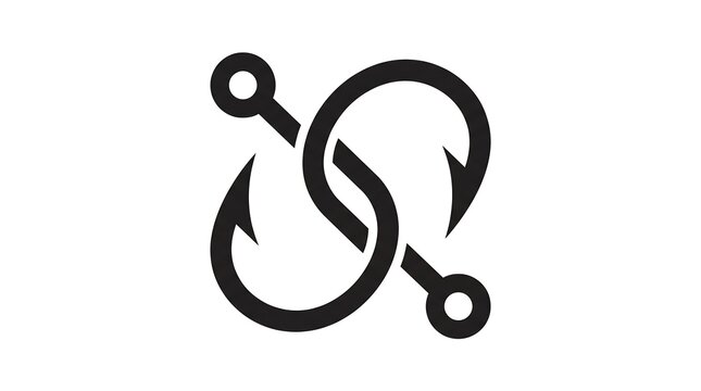 Two interlocking fishing hooks icon. Minimalist vector graphic of connected fish hooks.