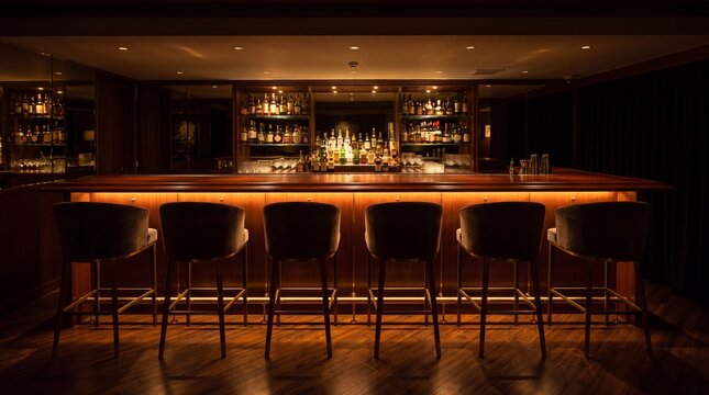 Elegant dimly lit wooden bar counter featuring six modern upholstered stools in sophisticated lounge setting with lighting dark sophisticated
