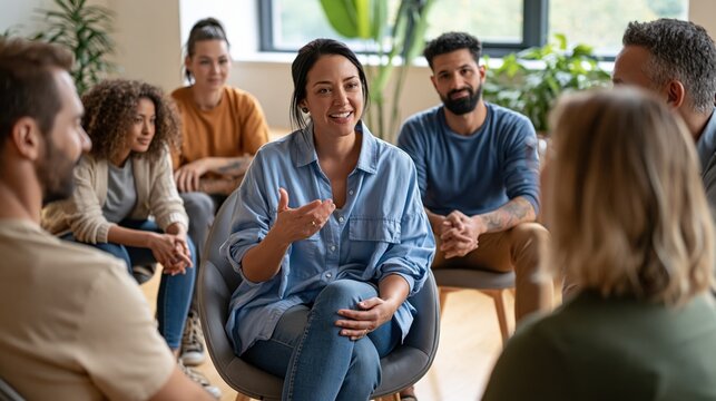 National Psychiatric Technician Appreciation Day: a psychiatric technician facilitating a small group therapy circle, diverse group of patients seated in chairs, encouraging gesture
