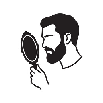 Minimalist vector illustration of a bearded man looking into a hand mirror