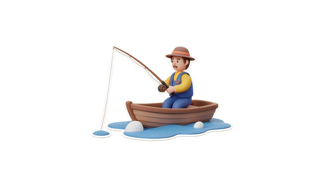 A cute cartoon fisherman wearing a hat sitting in a small wooden boat catching fish with a rod