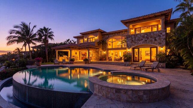 Luxury mediterranean villa exterior featuring infinity edge swimming pool at twilight sunset golden hour with mansion glowing infinity luxurious stone mansion