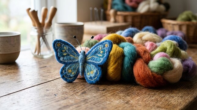 Handcrafted felt butterfly creation with colorful wool fibers on a rustic wooden table