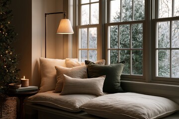 Fototapeta premium Quiet reading corner with festive tree alongside side table, seen in early morning frost light, wide layout with copy space.