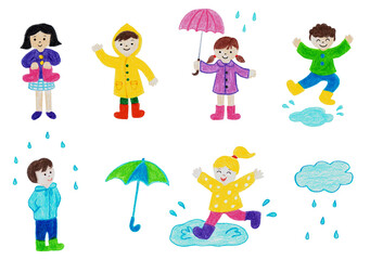 Fototapeta premium 雨の日を楽しむ子どもたちと水たまりの手描き素材