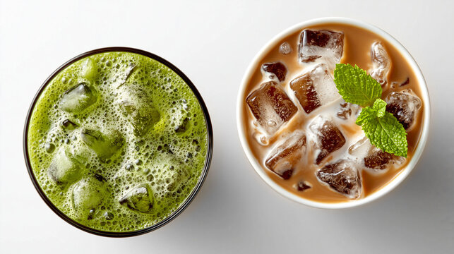 Refreshing Brews: A vibrant green matcha beverage with frothy foam and ice, sits beside a creamy iced coffee topped with fresh mint and cubes of ice, offering a cool and invigorating refreshment.