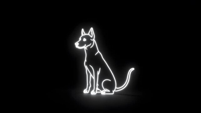 White Neon Line Art Dog Wagging Tail on Black Background
