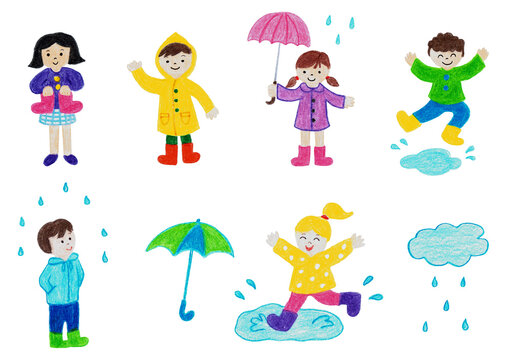 雨の日を楽しむ子どもたちと水たまりの手描き素材