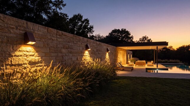 Modern stone wall terrace featuring warm ambient lighting beside a calm rectangular backyard swimming pool with overlooking serene patio lights dusk overlooking