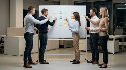 Fototapeta premium Diverse business team having an evening brainstorming session in office. Professionals attaching colorful sticky notes to whiteboard. Project planning and collaboration concept