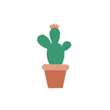 Cute potted cactus with pink flower vector illustration isolated on white background