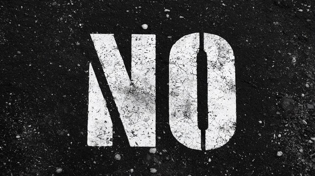 High contrast black and white top down view of stenciled word &ldquo;no&rdquo; on rough asphalt surface, weathered cracked white letters, industrial font, dark pavement with light gray pebbles and dirt particles