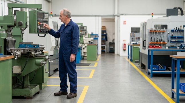 Senior factory worker operating machinery control panel. Older male mechanic working in modern industrial workshop. Manufacturing process concept
