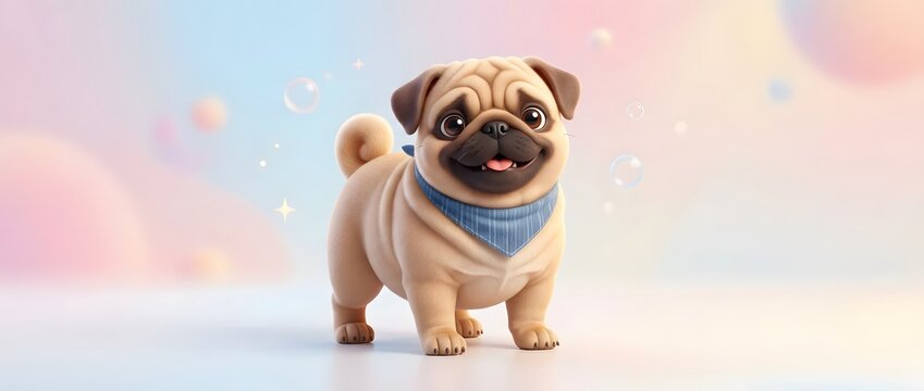 Cute cartoon pug dog wearing a blue bandana standing happily