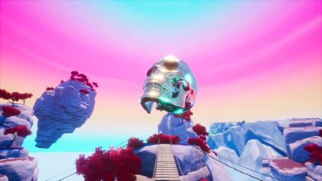 Camera Orbiting Floating Silver Chrome Skull Against Vibrant Sunset Sky Fantasy Landscape