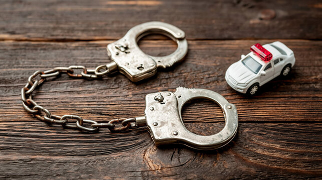Handcuffs and Toy Police Car: A pair of metallic handcuffs lies on a wooden surface next to a miniature police car, symbolizing law enforcement and justice.