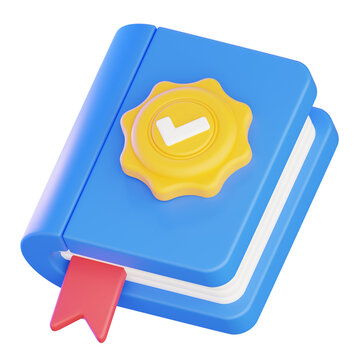 3D rendering blue book with check mark seal icon for completed study concept