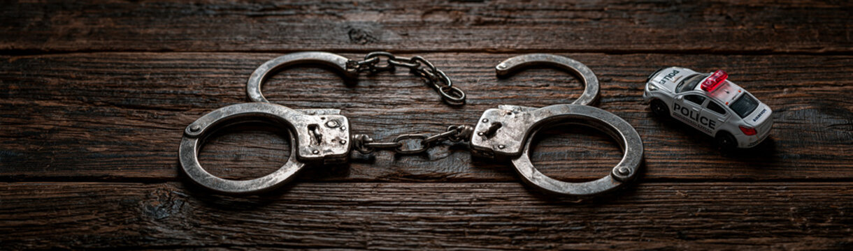Justice Served: Broken handcuffs lie on a rustic wooden surface beside a toy police car, symbolizing freedom after capture and the end of a pursuit.