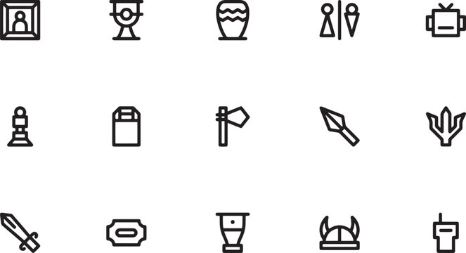 Museum exhibition and historical artifacts outline icon set featuring ancient vases viking helmets sharp spears winning trophies and public restroom signs