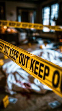 Crime Scene Investigation: Yellow police tape, marked KEEP OUT, cordons off a domestic scene suggesting a crime has occurred. The blurred background hints at evidence markers and a covered body.