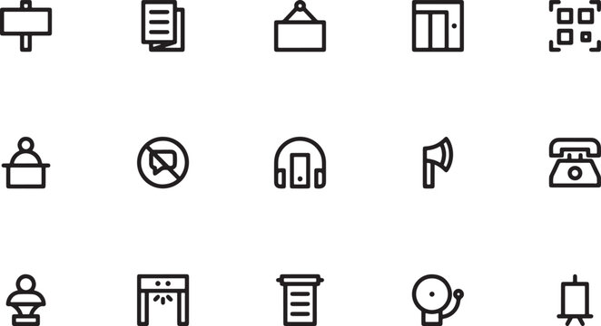 Public facility signs and miscellaneous objects outline icon set featuring document files coat hangers restricted symbols audio headphones and safety bells