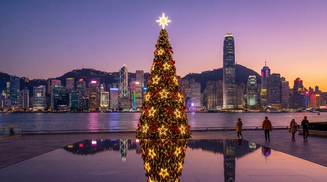 Illuminated christmas tree standing before a modern urban skyline during a vibrant purple sunset hour with star decorations reflecting brightly lit christmas