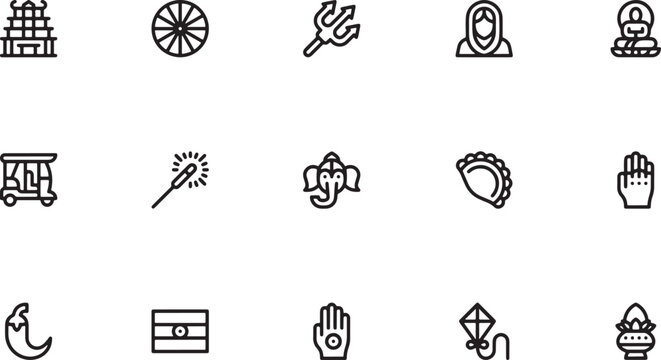 Traditional Indian culture and Hinduism outline icon set featuring sacred Ganesha elephants divine trishul weapons holiday sparklers and sweet gujiya food