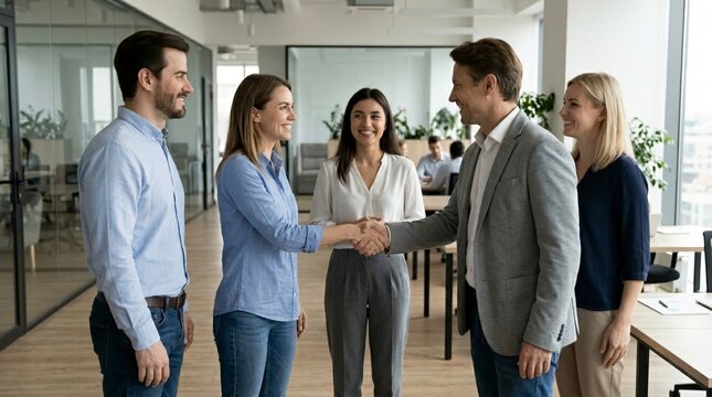 Business team celebrating success with a handshake in a modern office. Group of colleagues congratulating each other on a corporate victory