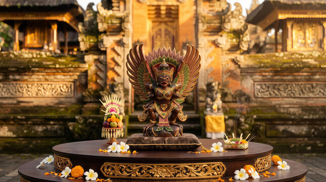 Carved wooden Balinese Garuda statue with ceremonial flower offerings placed in courtyard of traditional Indonesian temple.