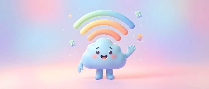 Cute cloud character with wifi signal waves and cheerful expression
