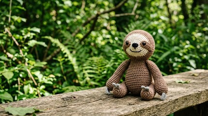 Fototapeta premium Adorable crocheted sloth toy sits serenely on a wooden bench amidst lush green foliage.