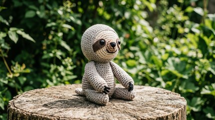 Fototapeta premium Cute crocheted sloth toy sitting peacefully on a wooden stump in a lush green garden.