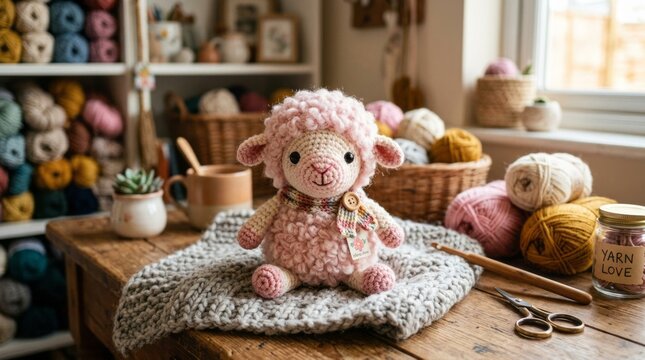 Cozy handmade crochet sheep toy sitting on a wooden table surrounded by colorful yarn and crafting supplies